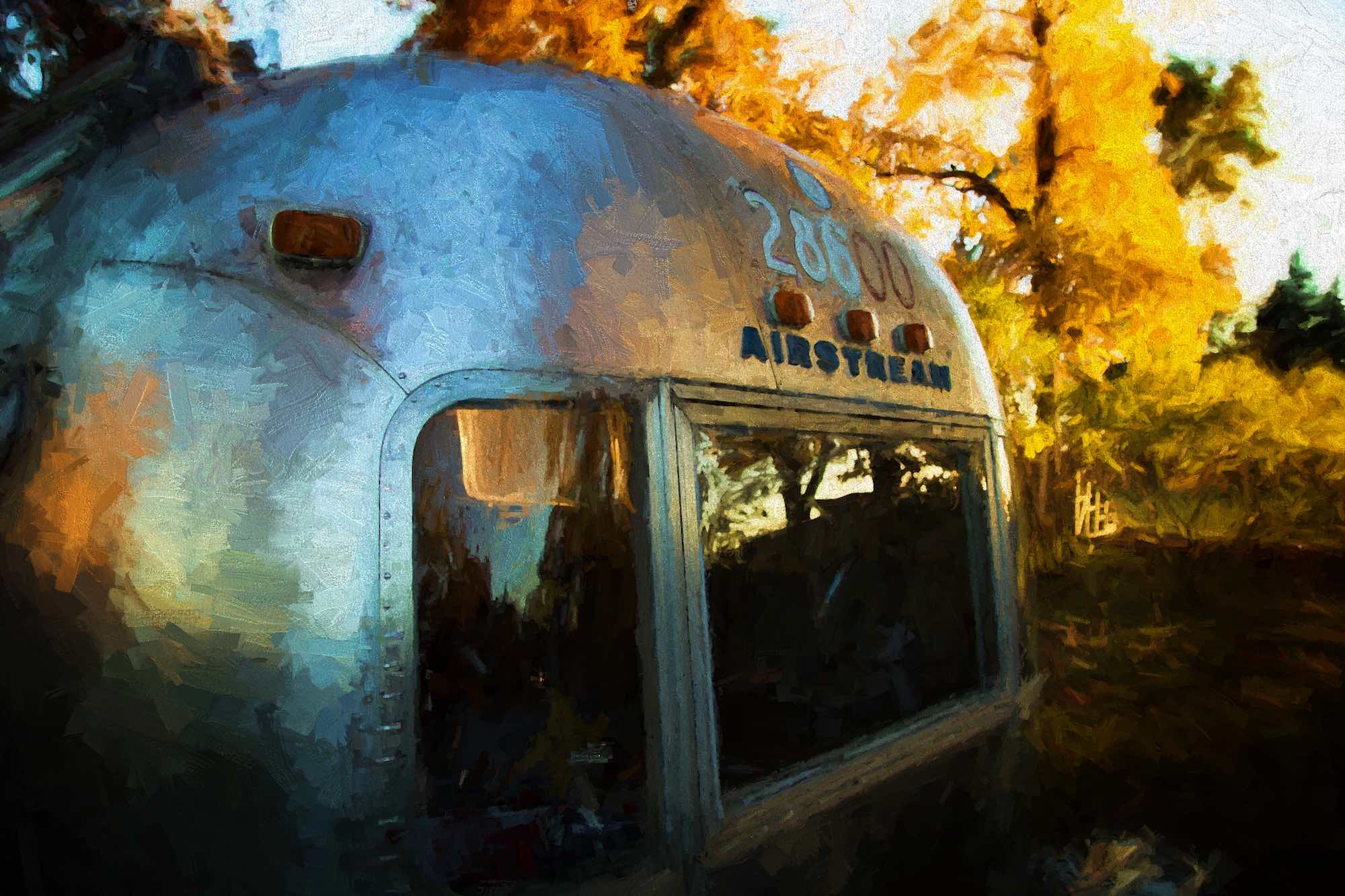 Front view of a vintage Airstream camper